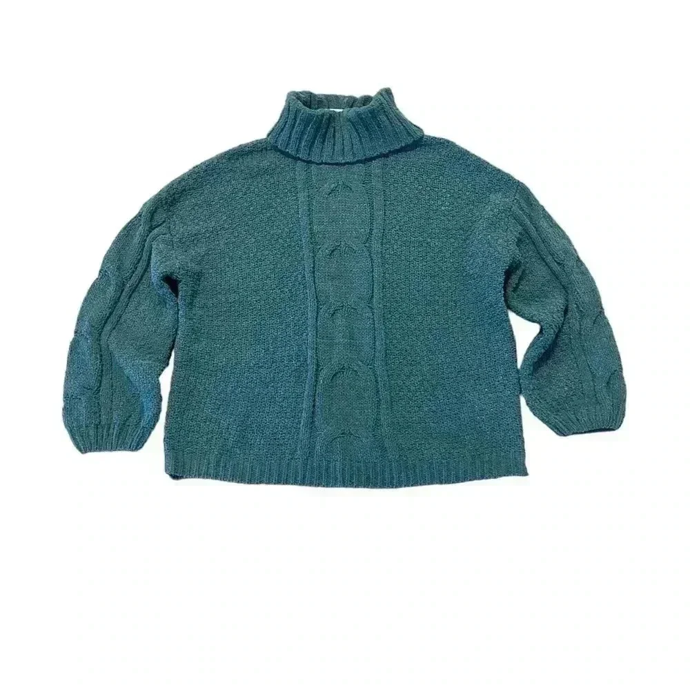 Seven7 Sweater Womens Size L Deep Teal Chenille Cable Knit Turtle Cowl‎ Neck